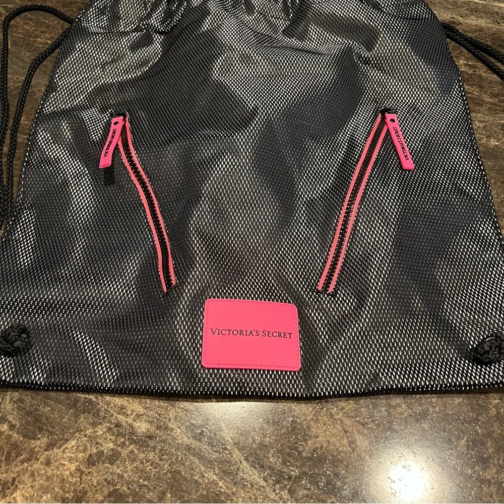 Victoria's Secret Black and Pink Drawstring Bag